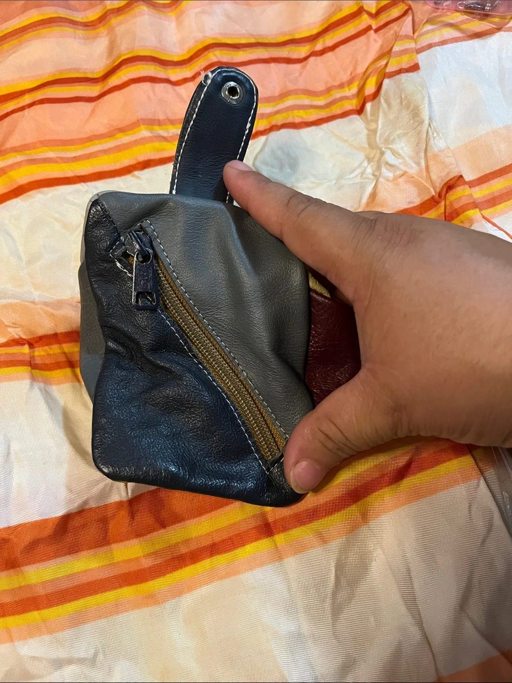 Tri-Color Leather Cosmetic Pouch in Black, Gray and Cream